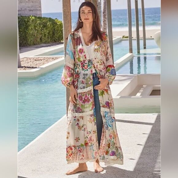 Johnny Was Dresses & Skirts - Johnny Was "Milana" Tiered Floral-print Maxi Dress/Duster with Lace Trim | L